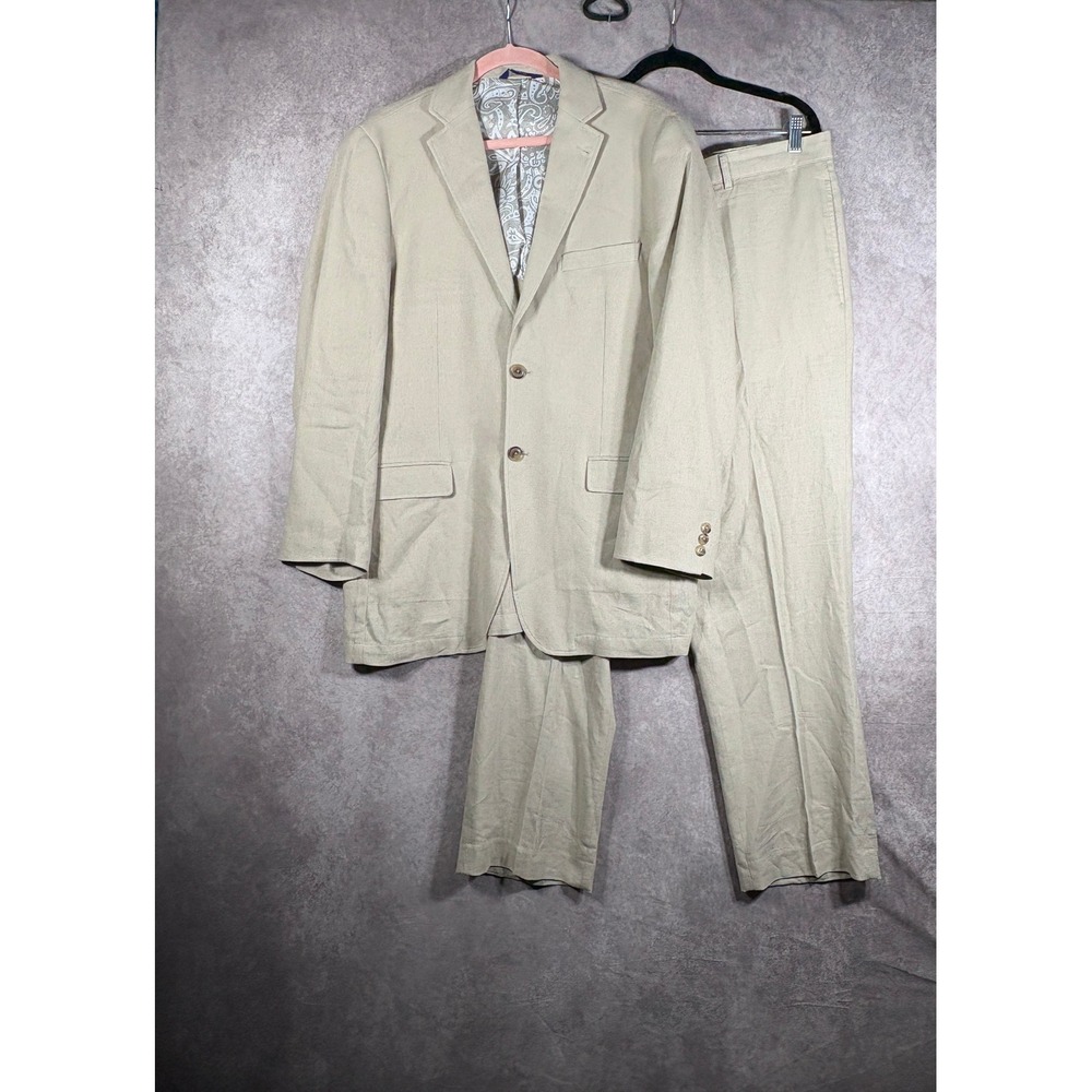 Alan Flusser Linen Suit Mens Medium 36x30 Tan 2 Piece Blazer Pants Beach Wedding